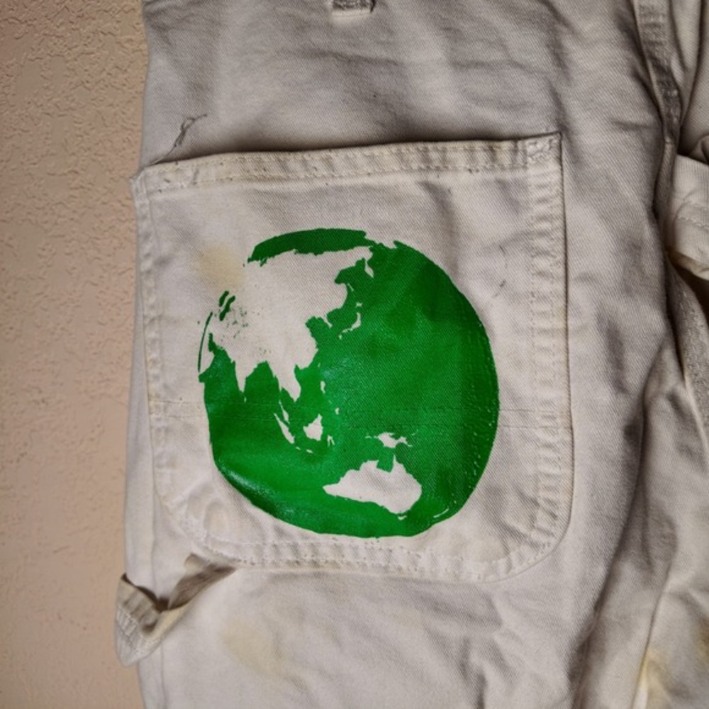 Stan Ray USA Mens White Earth Globe Print Carpenter Pants 33 *STAINED* - Picture 9 of 12